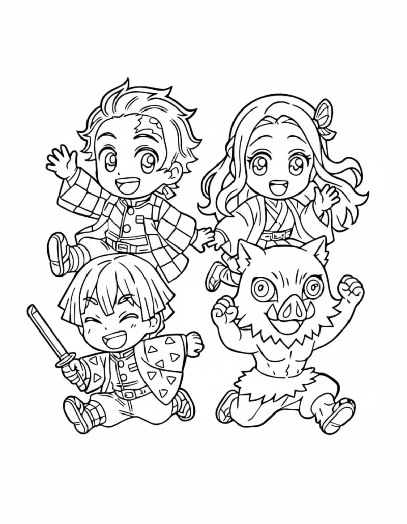 Desenho para colorir dos quatro amigos em versão chibi