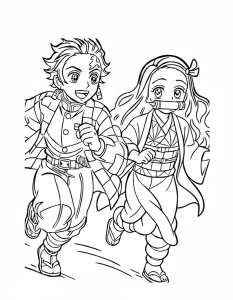 Desenho para colorir de Tanjiro e Nezuko a correr