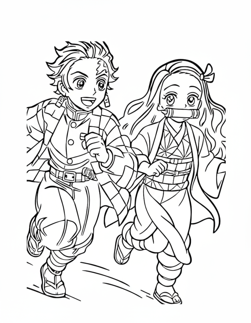 Desenho para colorir de Tanjiro e Nezuko a correr