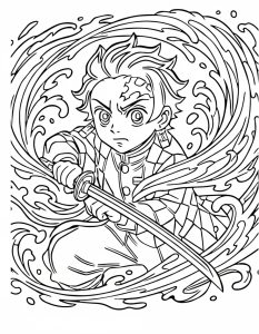 Desenho para colorir de Tanjiro com a espada entre ondas de água
