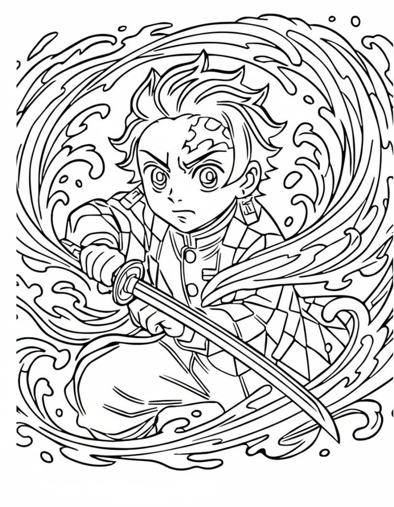 Desenho para colorir de Tanjiro com a espada entre ondas de água