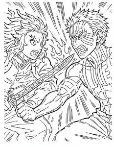 Desenho para colorir de Tanjiro em combate com um demónio