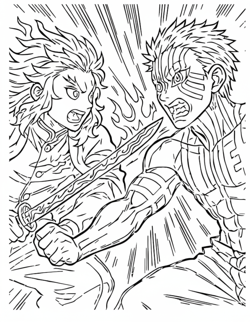 Desenho para colorir de Tanjiro em combate com um demónio