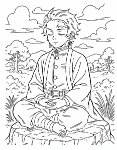 Desenho para colorir de Tanjiro a meditar num tronco