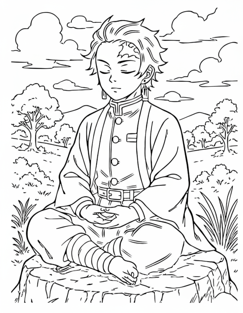 Desenho para colorir de Tanjiro a meditar num tronco