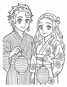 Desenho para colorir de Tanjiro e Nezuko de quimono com lanternas