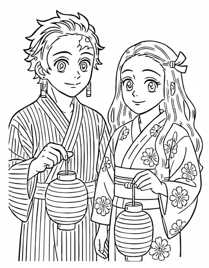Desenho para colorir de Tanjiro e Nezuko de quimono com lanternas