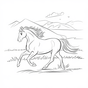 Cavalo a galopar no campo, desenho para colorir