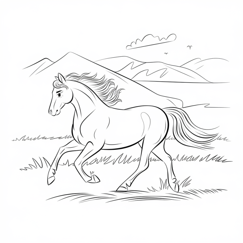 Cavalo a galopar no campo, desenho para colorir