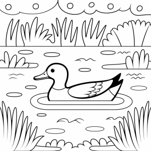 Pato a nadar no lago, desenho para colorir