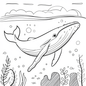 Baleia a nadar no fundo do mar, desenho para colorir