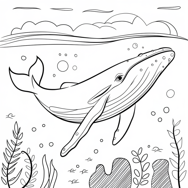 Baleia a nadar no fundo do mar, desenho para colorir