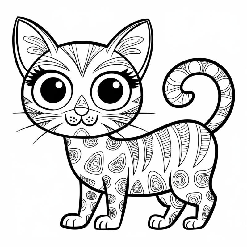 Gato de olhos grandes com padrões, desenho para colorir
