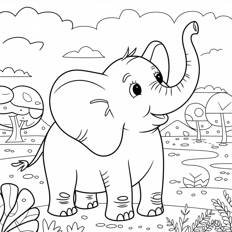 Elefante bebé no parque, desenho para colorir