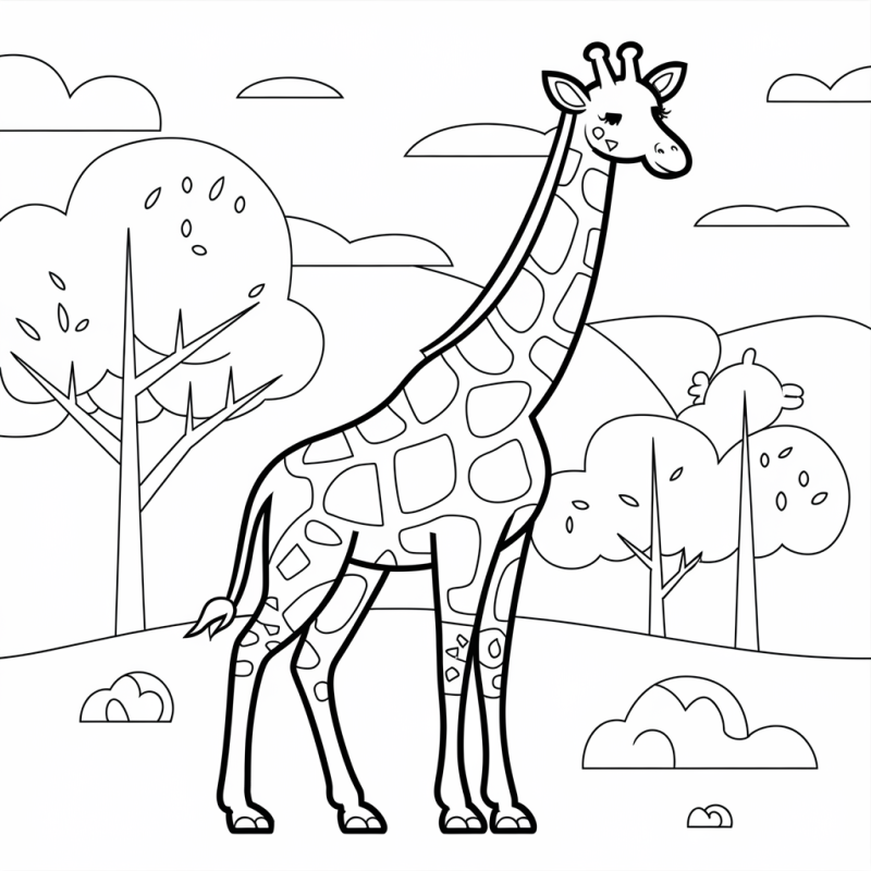Girafa entre as árvores, desenho para colorir