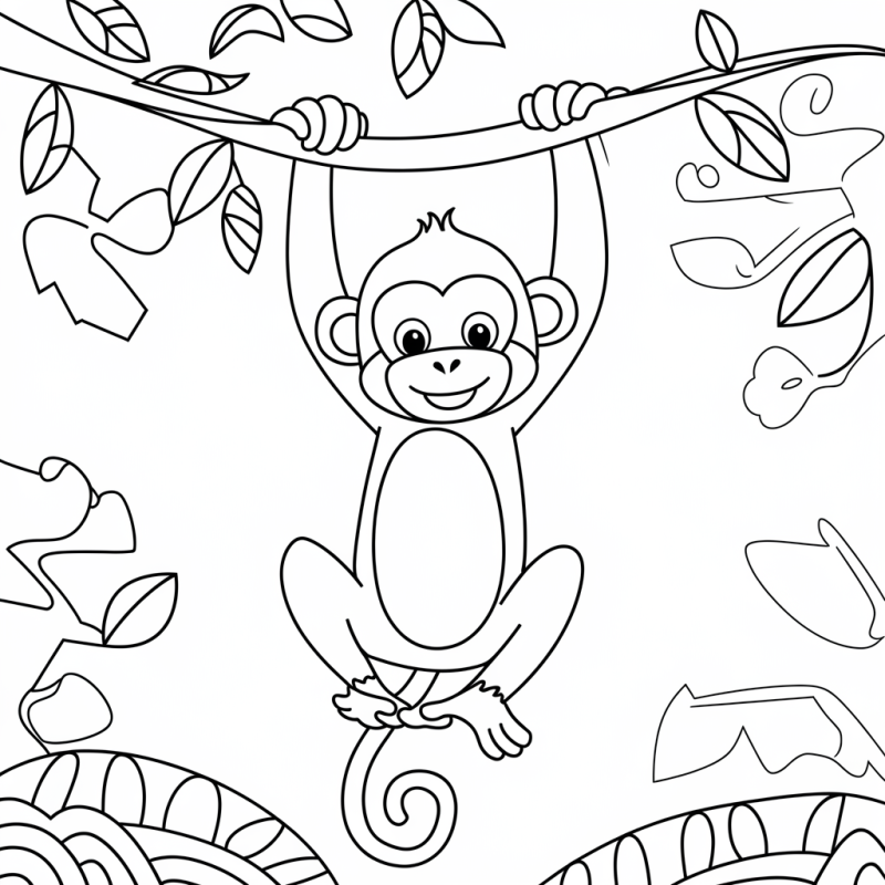 Macaco pendurado numa liana, desenho para colorir