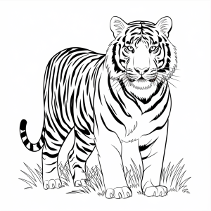 Tigre de pé na erva, desenho para colorir