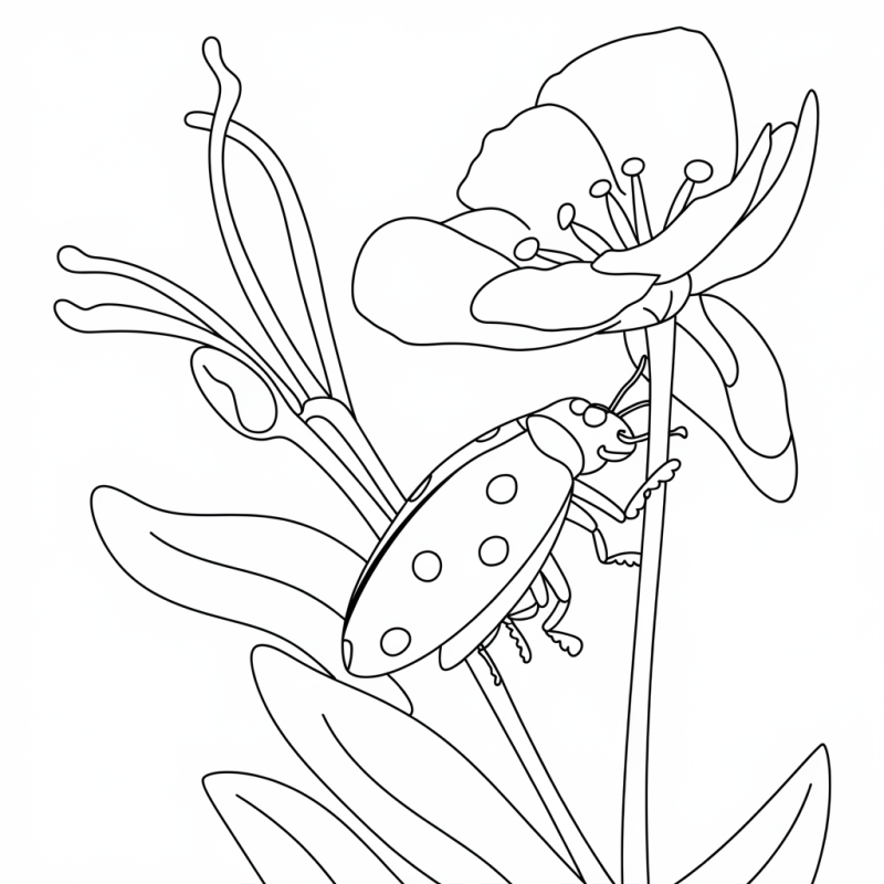 Joaninha a subir uma flor, desenho para colorir