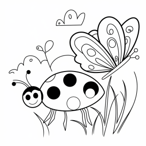 Joaninha e borboleta na erva, desenho para colorir