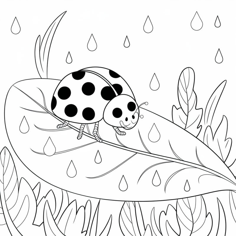 Joaninha numa folha à chuva, desenho para colorir