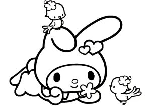 Desenho para colorir de My Melody deitada com um passarinho na cabeça