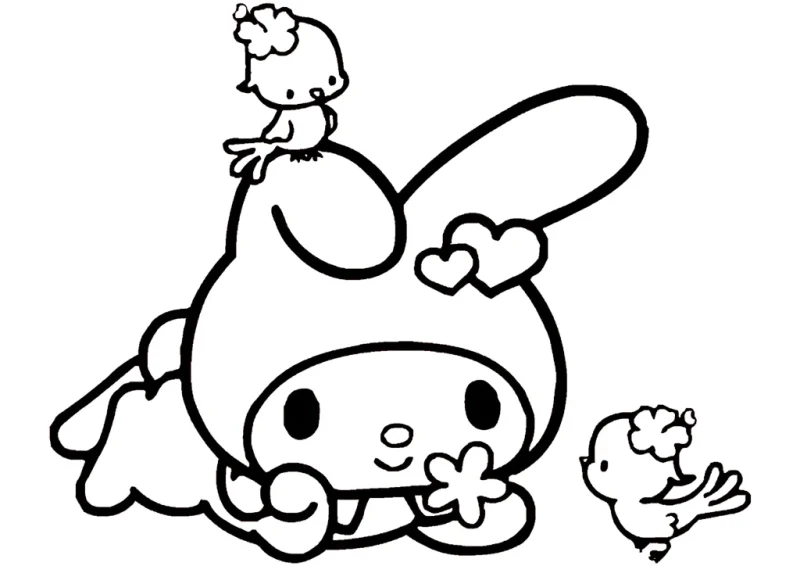 Desenho para colorir de My Melody deitada com um passarinho na cabeça