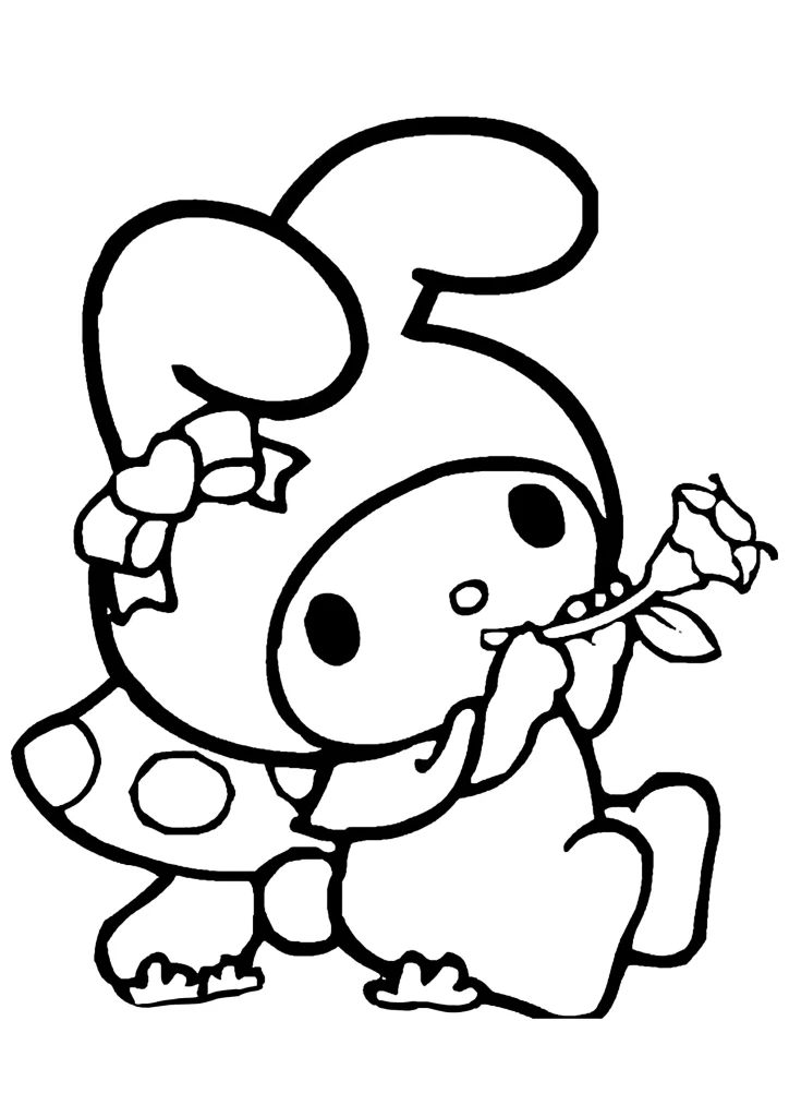 Desenho para colorir de My Melody a cheirar uma rosa
