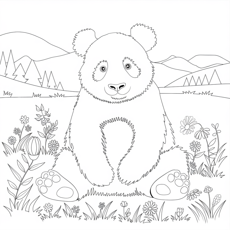 Panda grande no campo, desenho para colorir