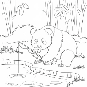 Panda a pescar no rio, desenho para colorir