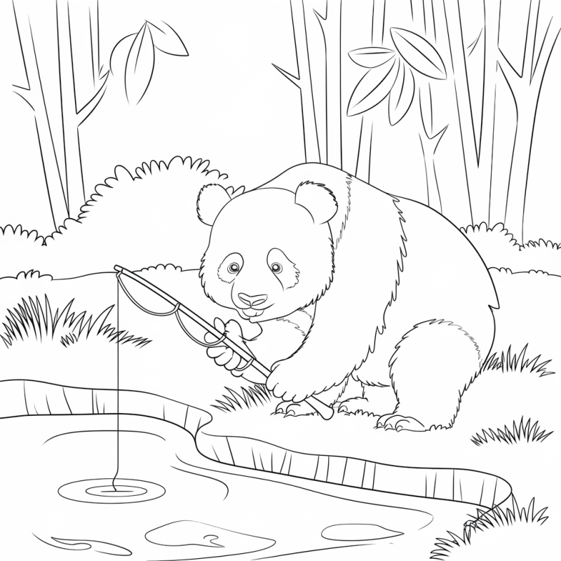 Panda a pescar no rio, desenho para colorir