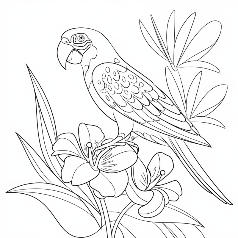 Papagaio entre lírios, desenho para colorir