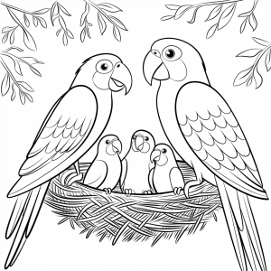 Casal de papagaios com as crias no ninho, desenho para colorir