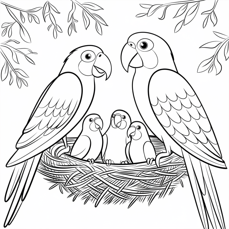 Casal de papagaios com as crias no ninho, desenho para colorir