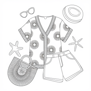 Roupa de praia com camisa, calções e cesto, desenho para colorir