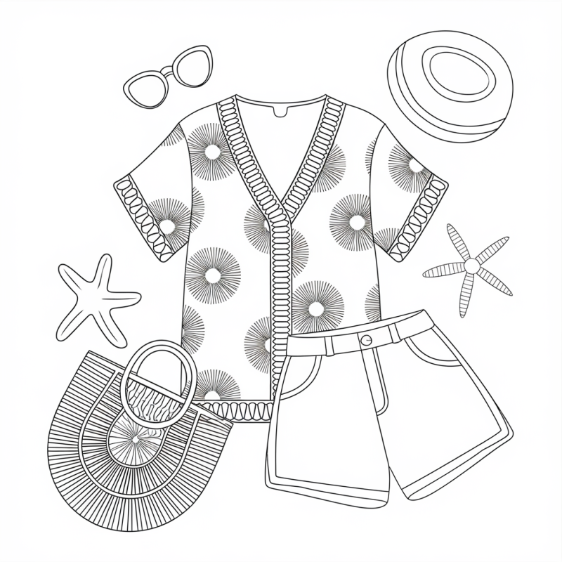 Roupa de praia com camisa, calções e cesto, desenho para colorir