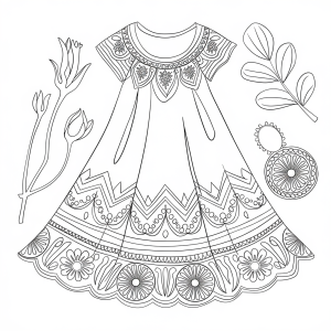 Vestido tradicional bordado com flores, desenho para colorir