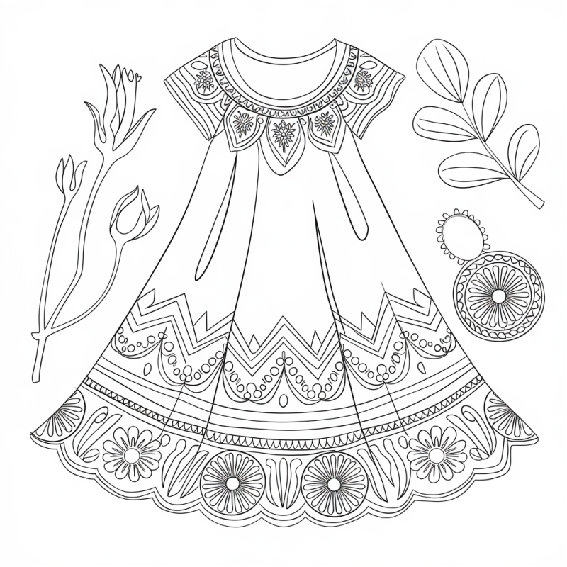 Vestido tradicional bordado com flores, desenho para colorir