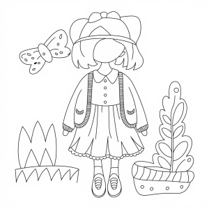 Menina de chapéu e casaco com laço, desenho para colorir