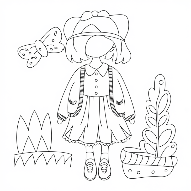 Menina de chapéu e casaco com laço, desenho para colorir