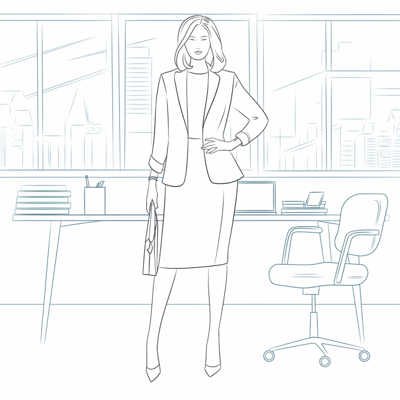 Mulher de fato no escritório, desenho para colorir