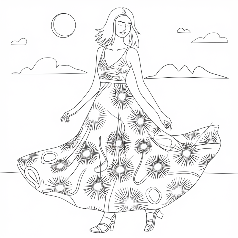 Mulher de vestido comprido estampado, desenho para colorir