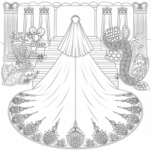 Vestido de noiva de cauda comprida, desenho para colorir