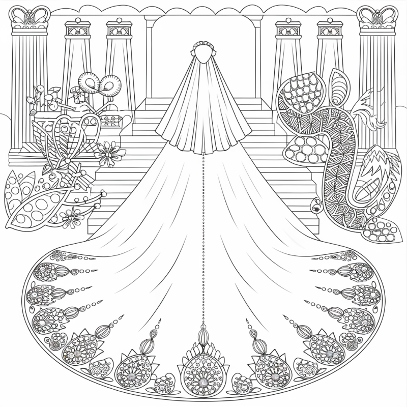 Vestido de noiva de cauda comprida, desenho para colorir