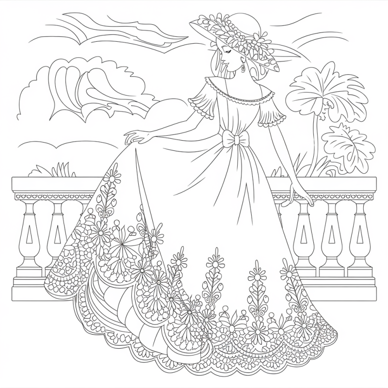 Senhora de vestido rendado na varanda, desenho para colorir