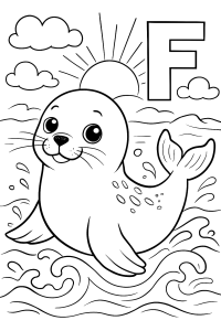 Foca bebé nas ondas com a letra F, desenho para colorir