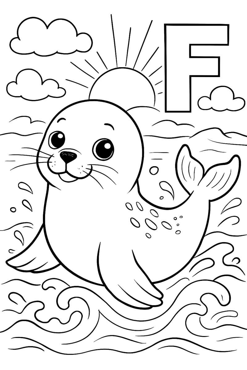 Foca bebé nas ondas com a letra F, desenho para colorir