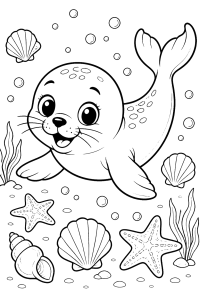 Foca bebé entre conchas e estrelas do mar, desenho para colorir