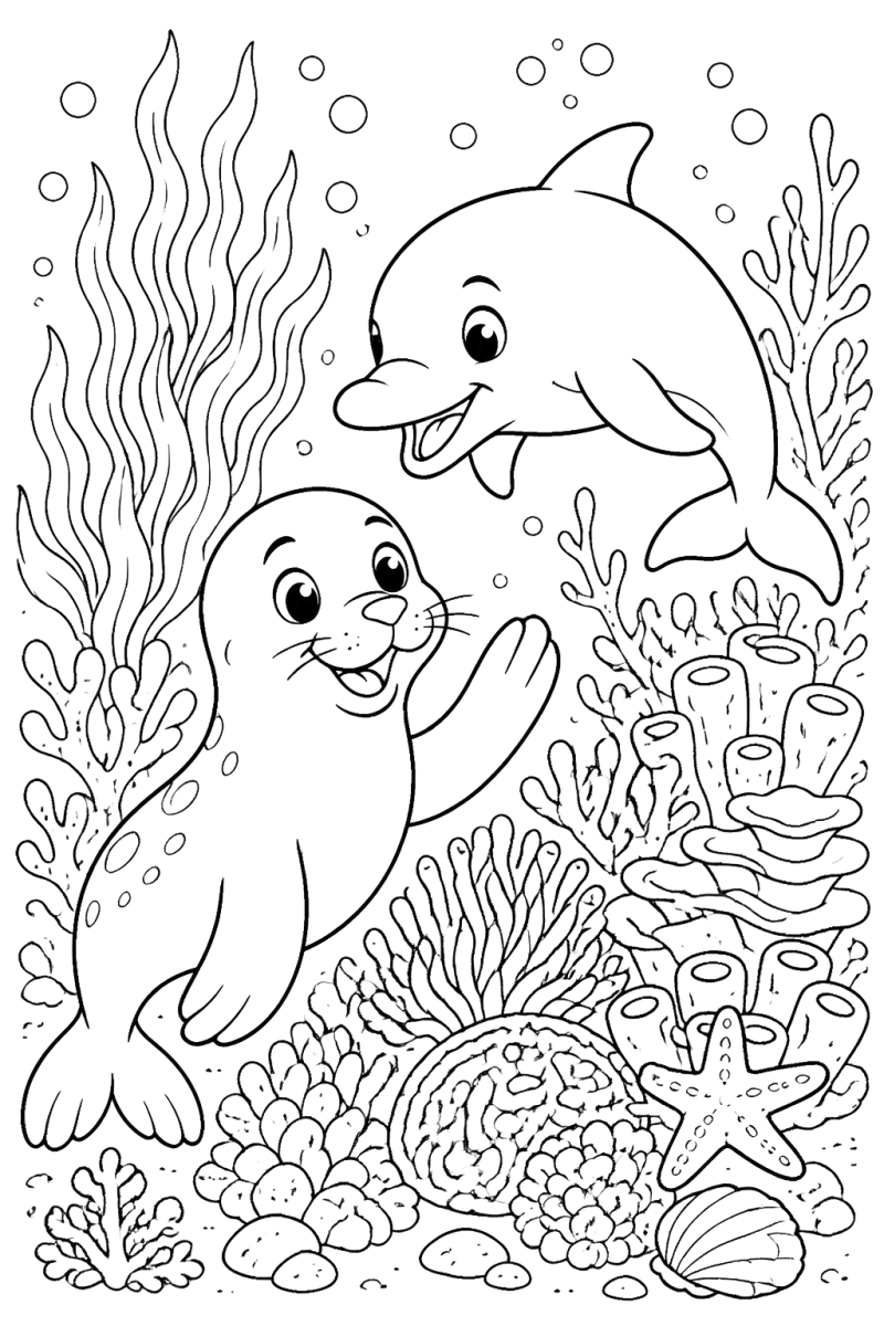 Foca e golfinho no recife de coral, desenho para colorir