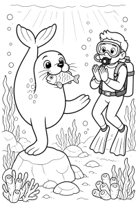 Foca e mergulhador no fundo do mar, desenho para colorir