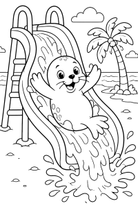 Foca num escorrega aquático, desenho para colorir
